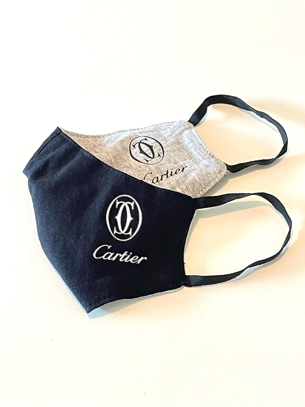 Authentic Cartier Reversible Black/ Heather Gray Print Logo Cotton Face Mask NEW